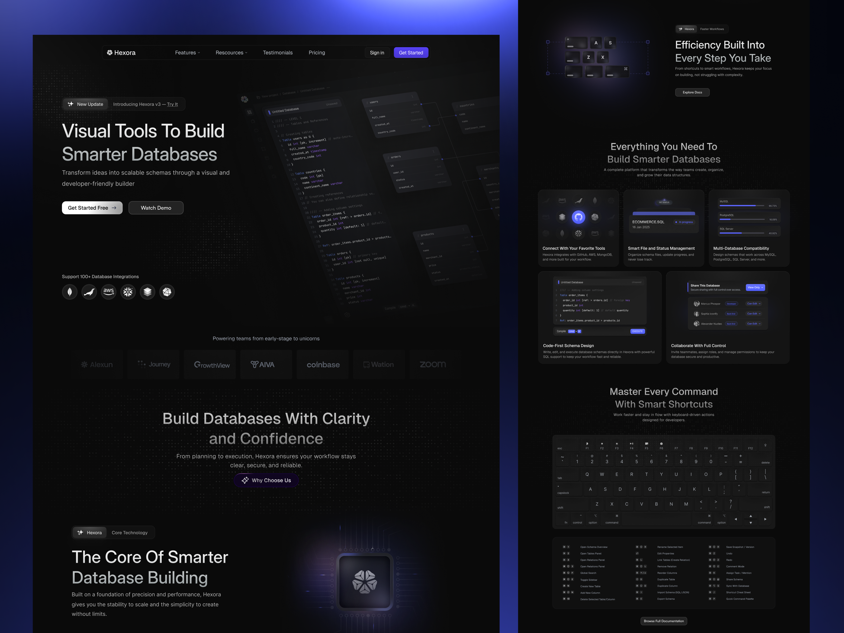 Hexora - Database Builder Landing Page automation tools b2b software cloud database database database schema database tools database visualization enterprise app graphic design landing page design microservices product design productivity software saas app saas database saas design saas tools schema builder system design web app builder
