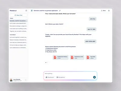 Pension.ai: AI-Powered Pension Application UI chat chat ai document files modal profile ui ui ux ux visual design webapp