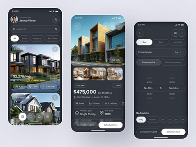 Real Estate App UI – Modern Property Buying & Renting Experience app design home listing app home rental app house hunting app luxury real estate design mobile mobile app property app property search ui real estate real estate app rent and buy app