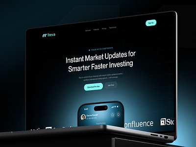 Dark Mode Stock Market App Landing Page applandingpage darkmodeui financeapp fintechdesign investmentapp landingpage mobileappdesign portfoliotracking realtimeinsights stocktrading tradingapp uidesign uxdesign webdesign