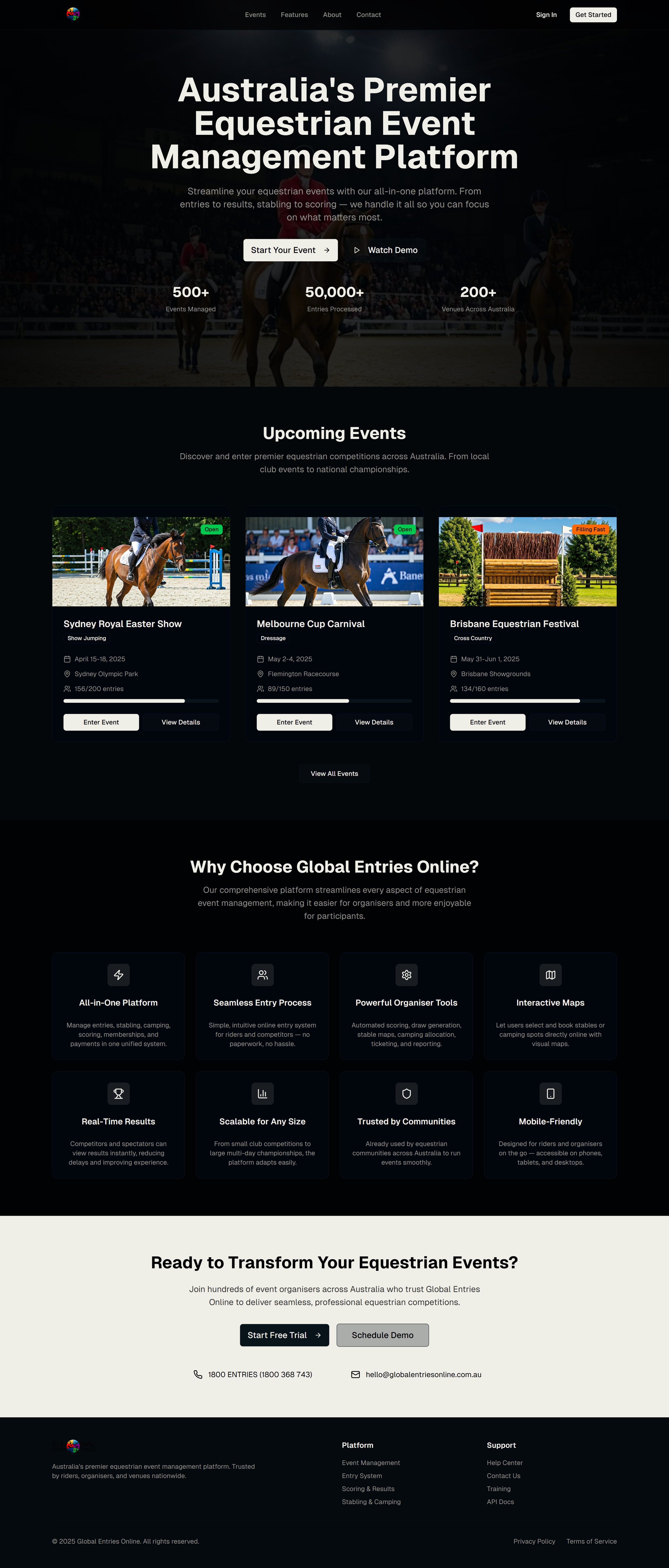 Dark Mode Event Management Platform - Equestrian Sports Website dark design event figma ui ux web design website website design