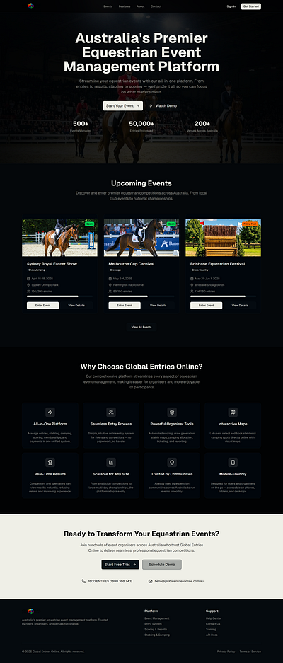 Dark Mode Event Management Platform - Equestrian Sports Website dark design event figma ui ux web design website website design