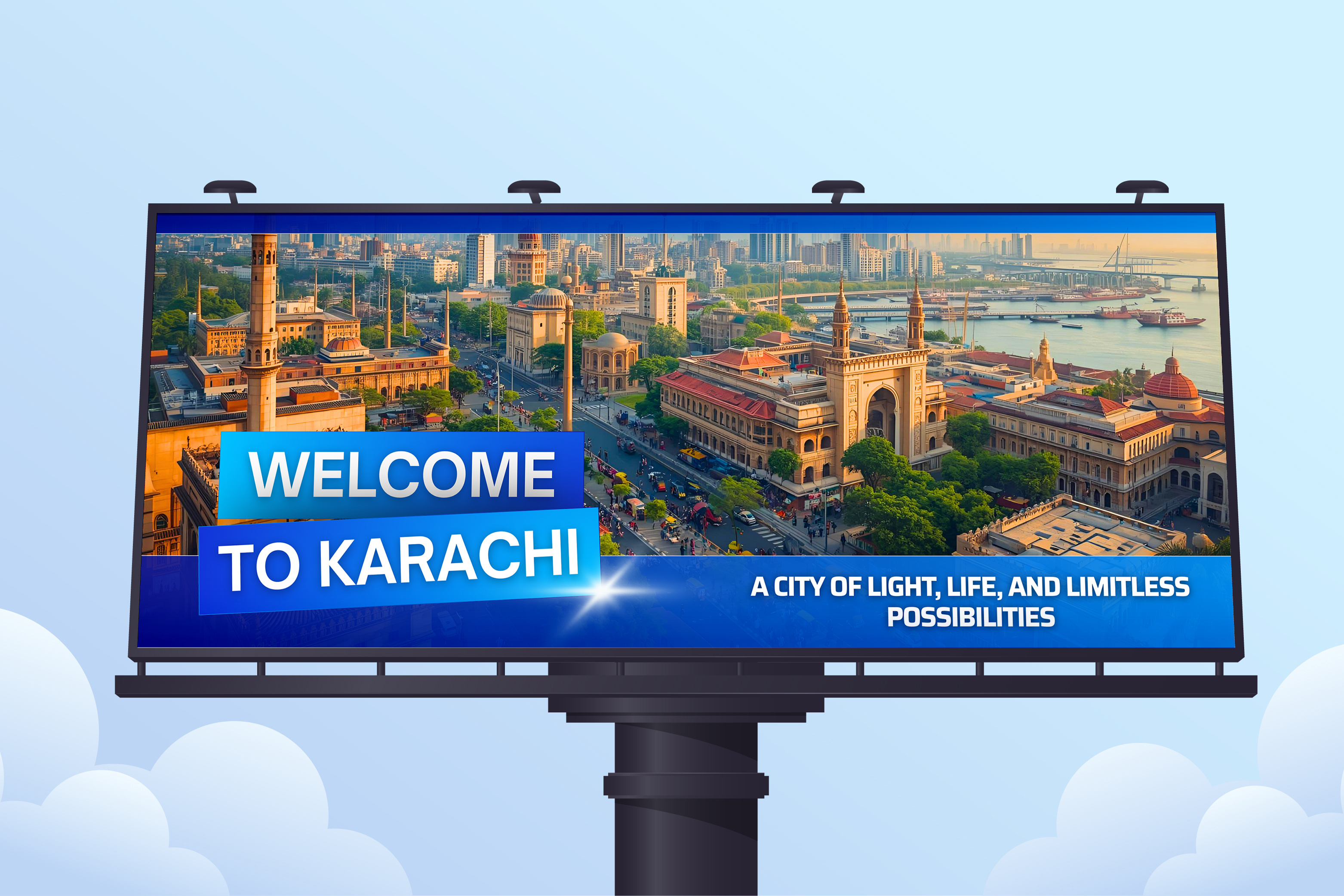 Welcome City Billboard Design By Faraz Hassan Khan | Karachi adobe photoshop billboard ads billboard advertising billboard design branding canva billboard design creative billboard design inspiration design portfolio 2026 faraz hassan khan graphic design graphic designer outdoor billboard design senior graphic designer typography ui designer welcome billboard