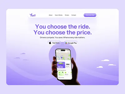 Hail - Ridesharing App Landing Page Design 3d animation app design bayfi uiux conceptual project hail landing page design landing page minimalist design mobile app landing page motion graphics purple aesthetic rideshare app ridesharing ridesharing ui ui ui design inspiration ui ux design ux design agency web design web ui