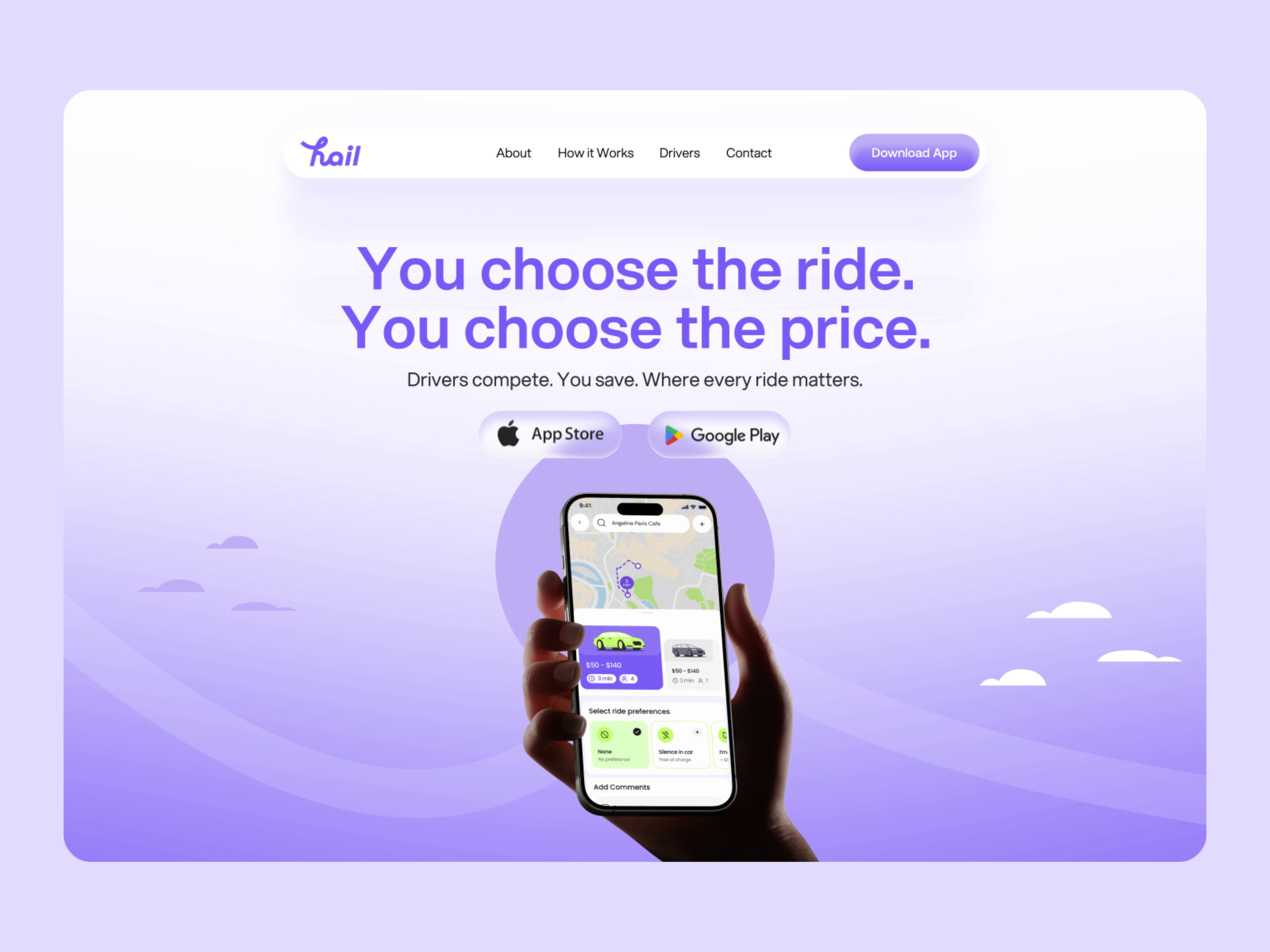 Example of Hail - Ridesharing App Landing Page Design