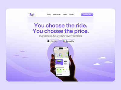 Hail - Ridesharing App Landing Page Design 3d animation app design bayfi uiux conceptual project hail landing page design landing page minimalist design mobile app landing page motion graphics purple aesthetic rideshare app ridesharing ridesharing ui ui ui design inspiration ui ux design ux design agency web design web ui