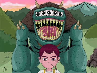 Best friend - a little boy and his monster anime bestfriend characterdesign childrensillustration conceptart digitalart fantasyart illustration illustroboy imagination indonesianartist monster playfulart storytelling surreal