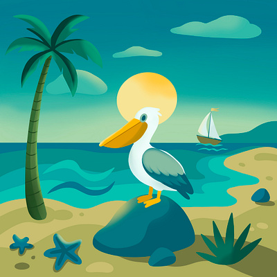 Pelican Island Illustration art beach bird chill colorful digital illustration gradient illustration island landscape low fi mood ocean palm tree pelican relax sail boat scene soft sunset