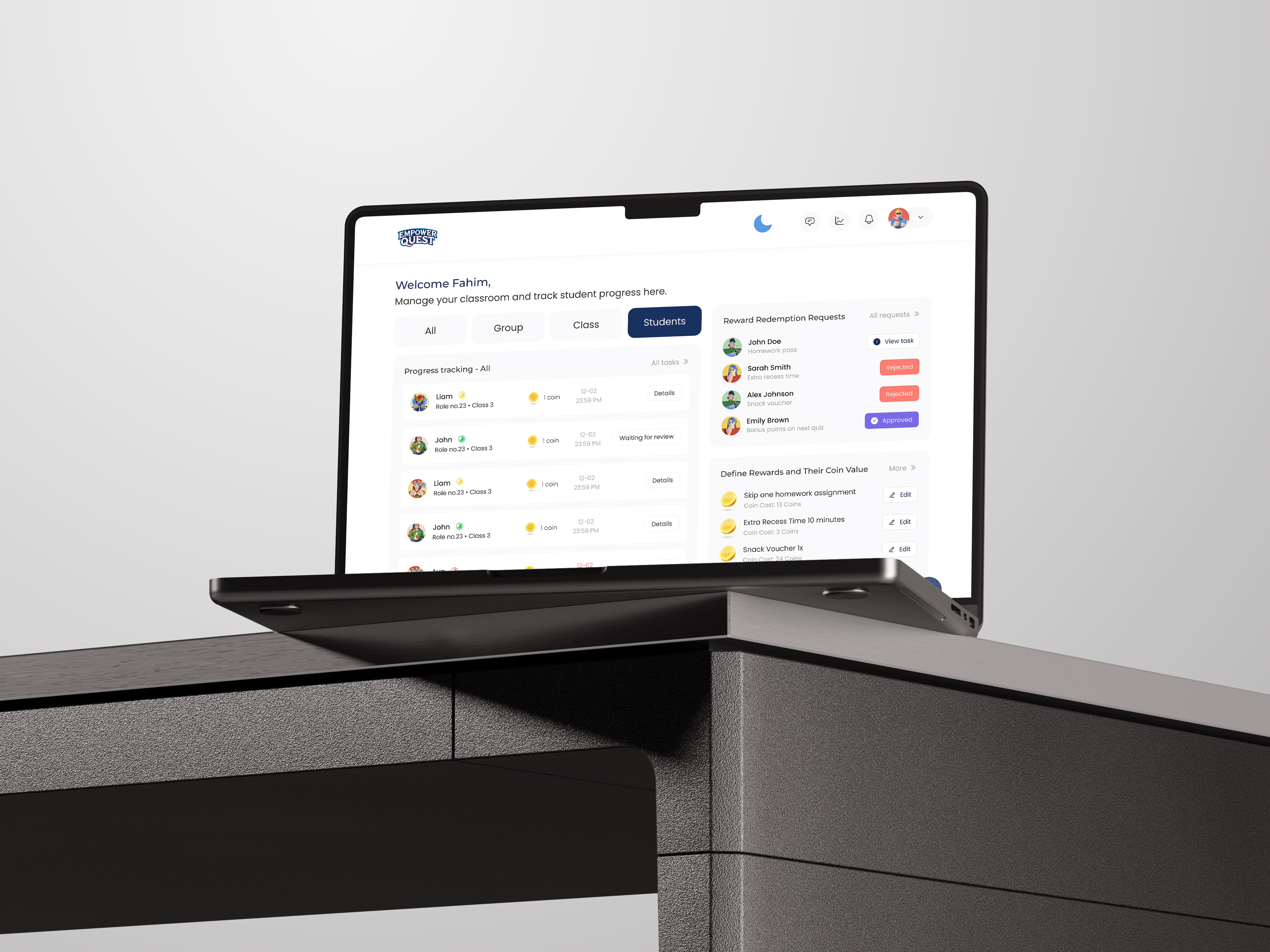 Gamified Student Progress Dashboard – Empower Quest classroommanagement edtechdesign educationapp gamificationui learningdashboard learningplatform onlinelearning progresstracker rewardsystem studentdashboard teacherdashboard uiuxdesign uxdesign webdashboard