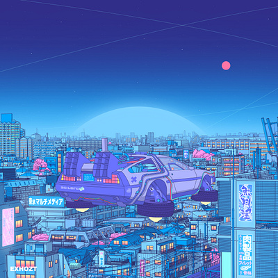 Time Travel to 3077 aesthetic car cars city citypop cyberpunk illustration japan japanese merchandise print on demand retrowave synthwave time machine time travel vaporwave