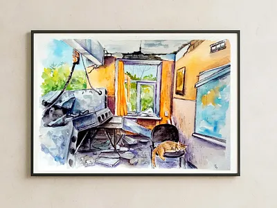 Original Watercolor Painting – Cat in War-Torn House, Ukrainian art cat hand painted handmade paint painting ukraine war watercolor