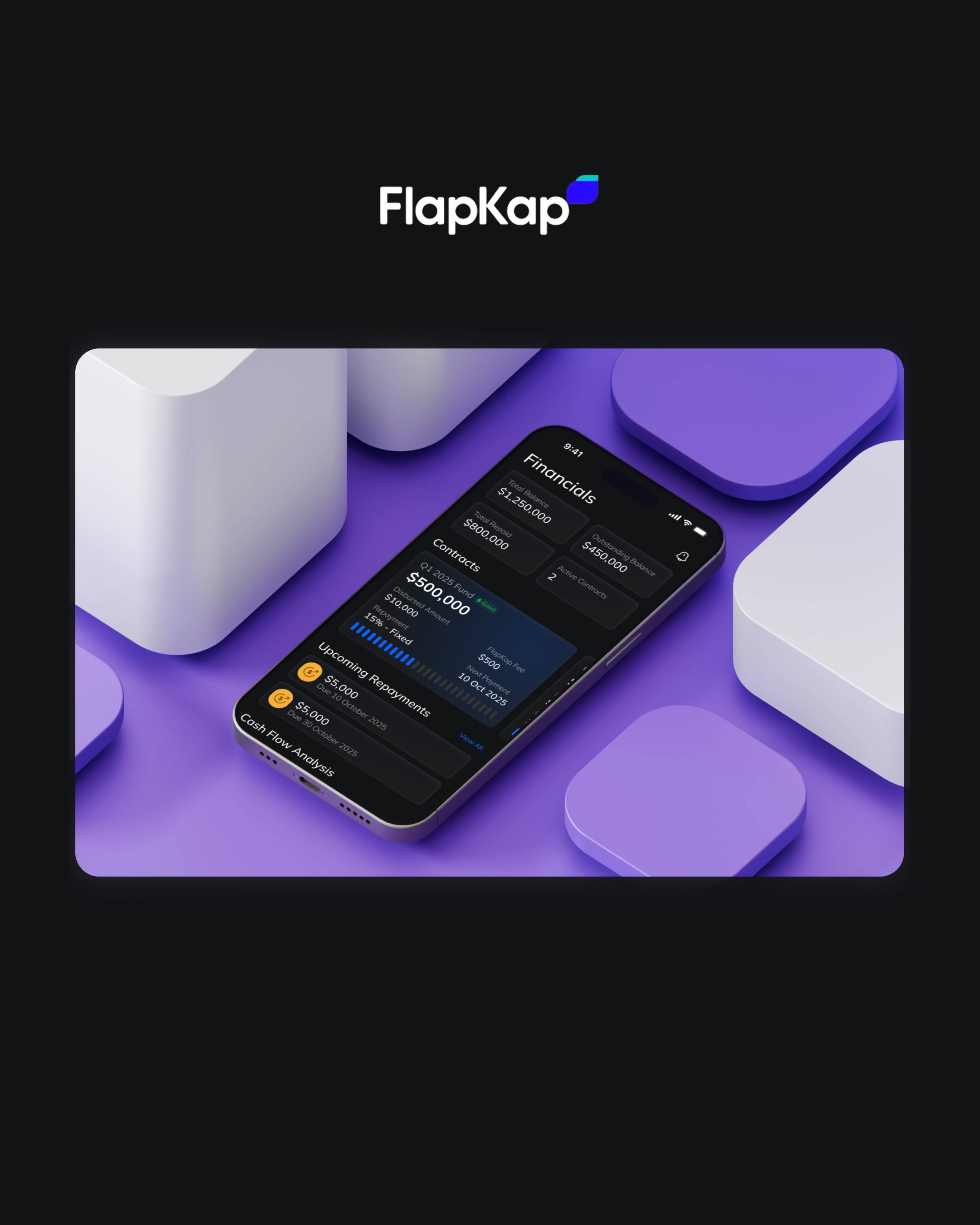 FlapKap - Funding App app blue branding charts dark design finance funding graphs illustration logo theme ui ux