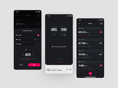 Alarm App alarm app darkmode design figma minimaldesign mobile mobileappdesign oclock ui uidesign uiux ux uxdesign