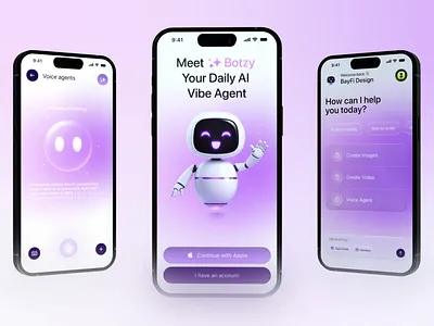 Botzy™ AI Vibe Agent Mobile App agent ai agent ai app animation app dashboard app interface bayfi botzy chatbot chatbot ui generative ai glassmorphism mobile app design motion graphics product design purple ui uiux design user experience voice agent ui