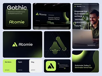 Atomie™ - AI Agent Branding b2b branding brand guidelines branding branding logo corporate identity crypto logo dark branding geometric logo green branding icon design logo concept logo design minimalist logo modern logo saas branding saas logo startup branding tech company visual identity web design