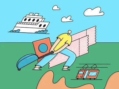 Travel time 2d abstract boat cartoon character design colorful editorial illu illustration illustrator luggage procreate see tickets