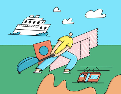 Travel time 2d abstract boat cartoon character design colorful editorial illu illustration illustrator luggage procreate see tickets