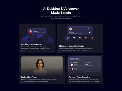 AI Dubbing & Voiceover Platform: Multilingual Voice Branding ai dubbing ai platform ai voice ai voiceover bento bento illustration dark mode dark mode bento feature landing page lsnvsv platform saas landing page saas uiux ui illustration voice changer voiceover web design web design dark mode web design saas