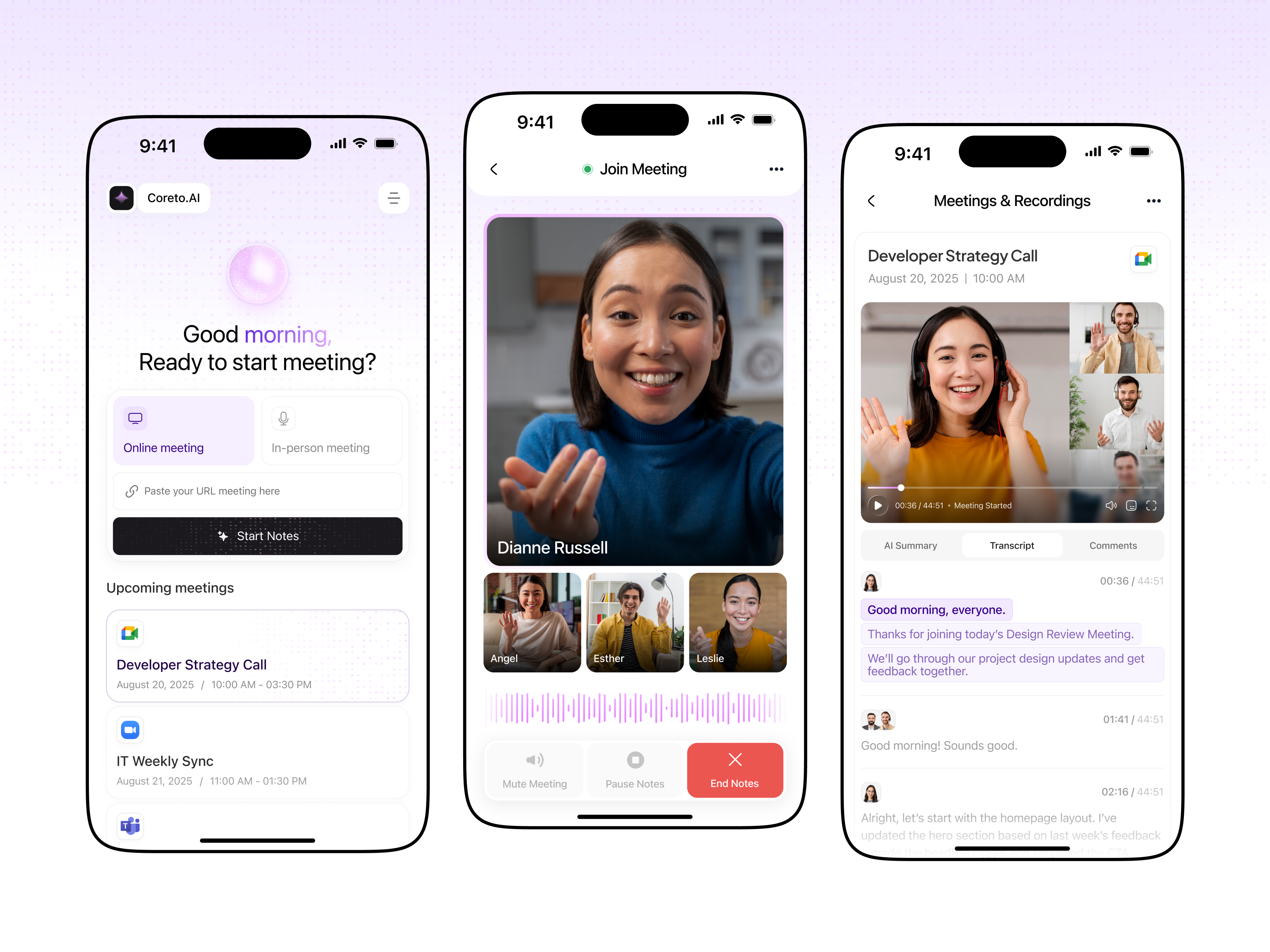 Coreto.AI - AI Note Taking Mobile Version ai mobile ai note taker ai note taking ai summary assistant clean design discussion meeting assistant meeting notes mobile app modern note taker notetaker productivity record meeting transcript ui virtual assistant