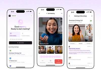 Coreto.AI - AI Note Taking Mobile Version ai mobile ai note taker ai note taking ai summary assistant clean design discussion meeting assistant meeting notes mobile app modern note taker notetaker productivity record meeting transcript ui virtual assistant