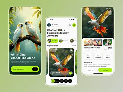 Birds Mobile App add to card screen android app animal app animal care mobile app bird app bird sanctuary app bird shop booking booking mobile app creative design ecommerce mobile app get started screen home screen ios online bird service ui ux uiux design user experience user interface