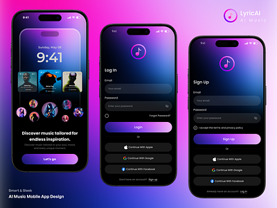 Login & Signup Page UI Design, AI Music Mobile App ai ai music app ai music player app design forgot password ios login login page login sign up login ui mobile mobile app music app onboarding page onboarding screen registration sign in sign up sign up page uiux
