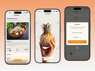Recipe & Cooking Mobile App UI app cooking cuberto design food fruits graphics icons illustration interface ios lemon menu milk mobile product recipe ui ux vegetable
