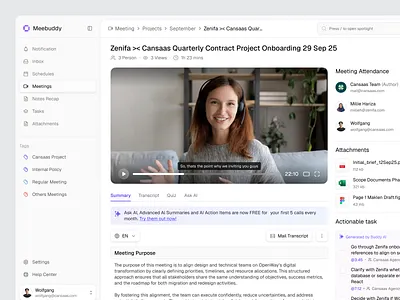 Meebuddy - AI Note Taking Dashboard ai note taking ai summary artificial intelligence assistant cansaas clean dashboard design meeting note modern note taker note taking product design productivity dashboard saas summary transcript ui ux