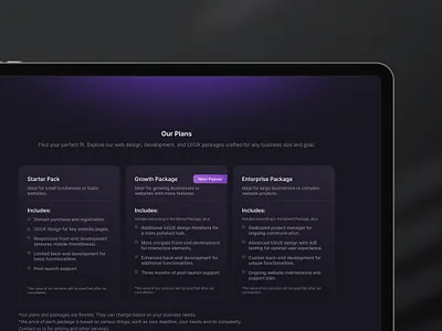 SaaS Pricing Plans Website UI/UX / Service Pricing (Dark Mode) adobe xd clean ui concept dark mode dark theme figma landing page minimal modern design pricing pricing plans pricing table saas saas ui service packages sketch ui uiux web web design