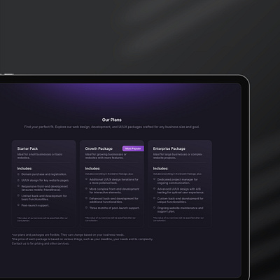 SaaS Pricing Plans Website UI/UX / Service Pricing (Dark Mode) adobe xd clean ui concept dark mode dark theme figma landing page minimal modern design pricing pricing plans pricing table saas saas ui service packages sketch ui uiux web web design