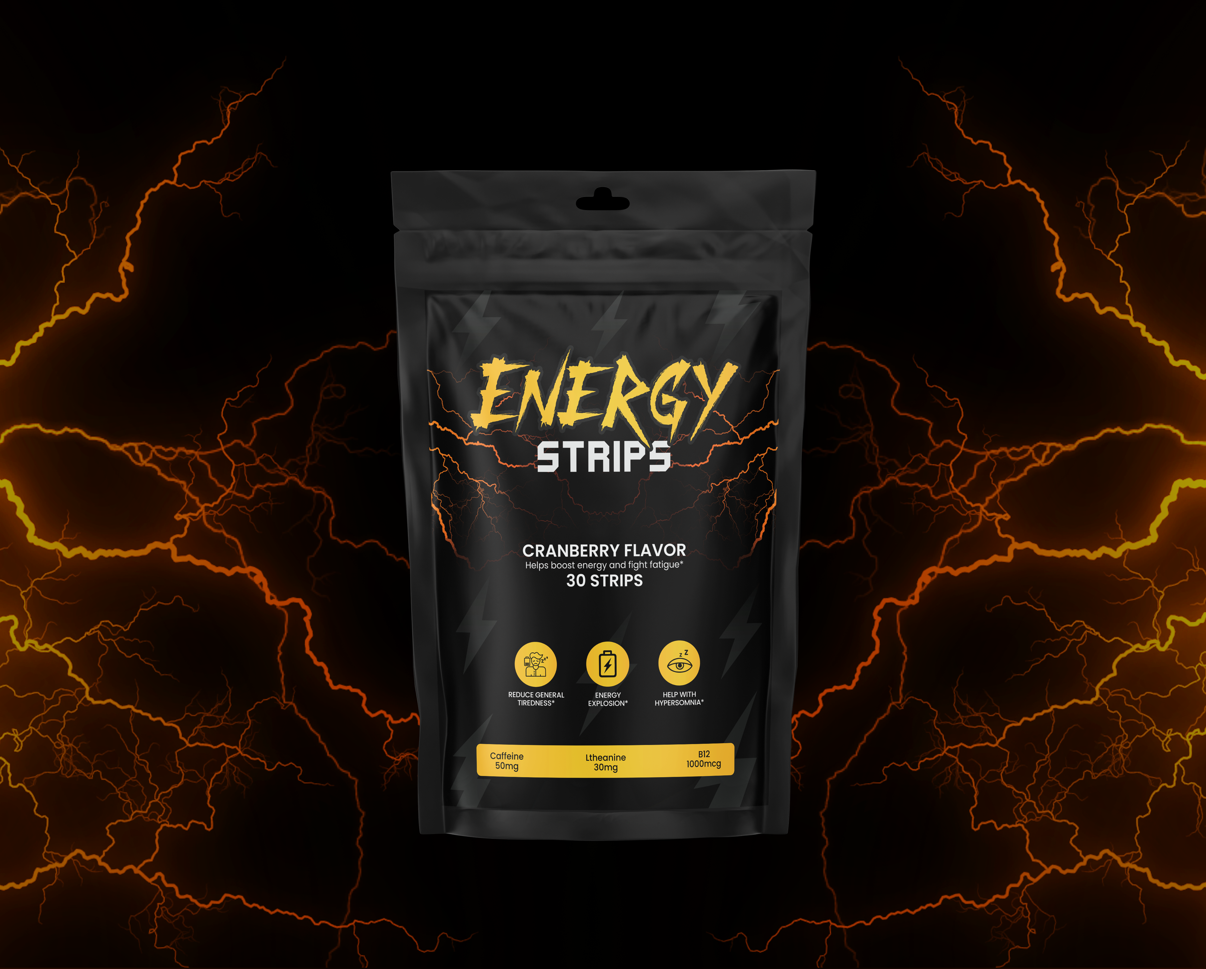 Energy Strips Pouch Packaging Design | Supplement Label Design bold packaging boost energy strips health label design packaging packaging design pouch design pouch label design pouch packaging product label product packaging stand up pouch supplement supplement packaging supplement pouch label typography vitamin packaging wellness