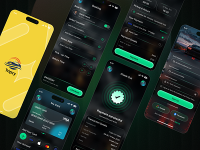 Car Hire & Ride Booking App UI/UX – Mobile Design app concept app design booking flow car hire app car rental app dark mode ui mobile app mobile app design mobile ui modern uiux rental app ui ride booking ui transport ux travel app ux trip booking app ui design