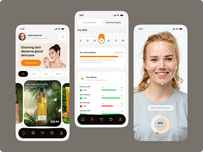 AI Skin Care App Design ai skin scan app beauty beauty app beauty products concept cosmetics app cosmetology app design ecommerce app makeup app minimal mobile app shopping app skin analysis skin health skin test skincare skincare app skincare app design