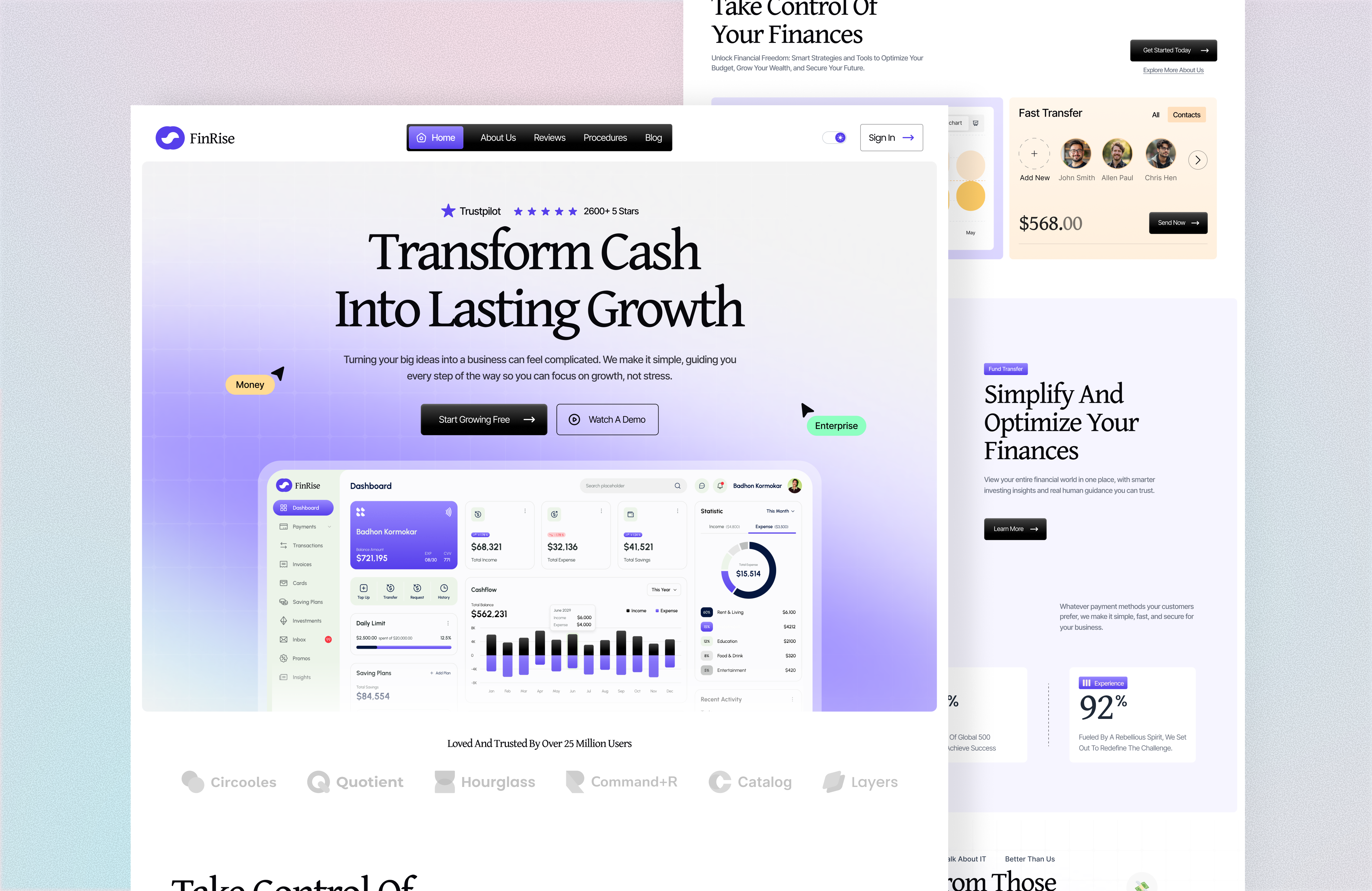 FinRise – Smart Finance Landing Page clean design figma finance finance landing page fintech gradient growth landing page minimal modern design modern landing page typography ui uiux web design website