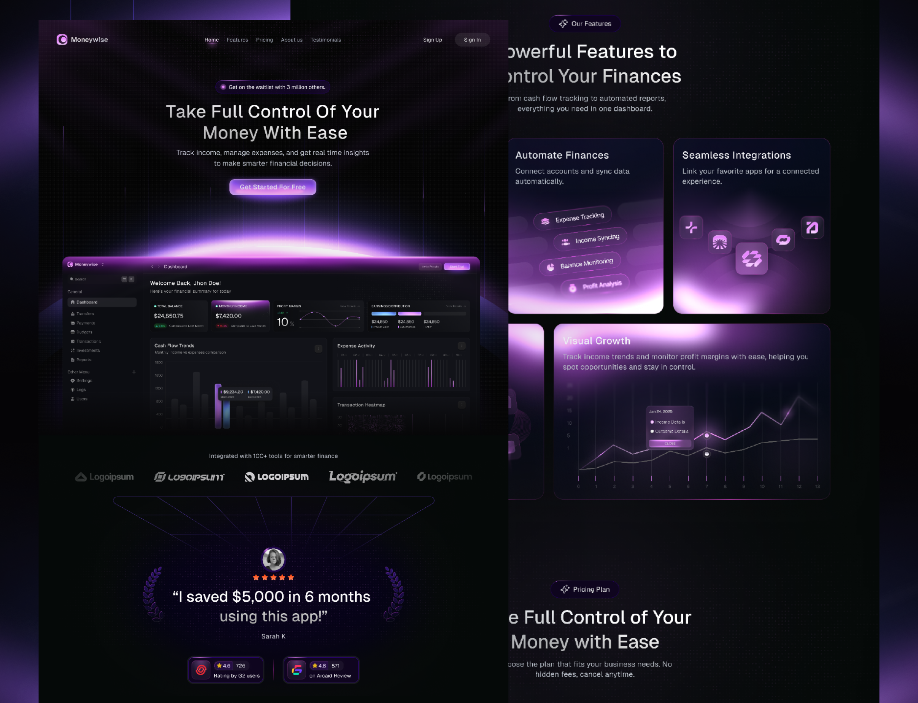 Moneywise - Financial Monitoring Website app design bento cards bento design design finance finance management finance monitoring website finance website fintech design fintech website hr rumen landing landing page landingpage minimal mobile app web web design website website design