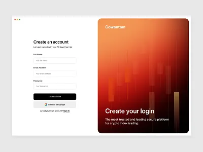 Cowantam Sign Up page for trading website clean create account crypto login modern onboarding registration sign in sign up trading ui website