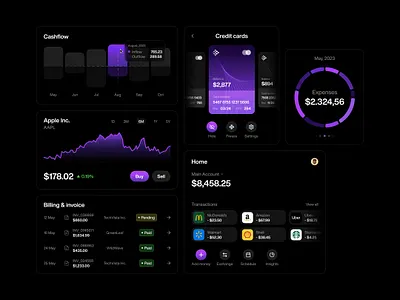 Fintech Components app billing black cashflow components credit card dark theme design system expenses fintech investment invoice minimal mobile purple sp stocks transactions ui ux