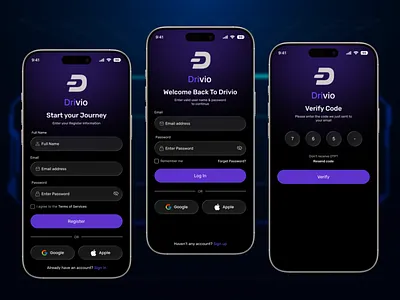 Drivio Mobile App Login /Signup & Verify Screen app authenticationflow create account darkmodeui forgot password ios login loginscreen minimalui mobile sign up mobileappdesign mobileui onboardingui otpverification registation registerscreen sign up sign up from sign up page uiuxinspiration