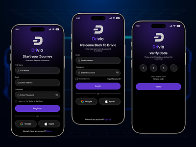 Drivio Mobile App Login /Signup & Verify Screen app authenticationflow create account darkmodeui forgot password ios login loginscreen minimalui mobile sign up mobileappdesign mobileui onboardingui otpverification registation registerscreen sign up sign up from sign up page uiuxinspiration