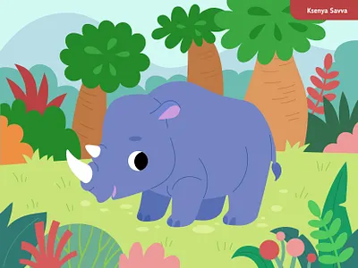 Cute Rhino in the African Savannah adobe illustrator africa animal background book cartoon character children cute for kids illustration jungle kawaii landscape nature page puzzle rhino savannah scenery