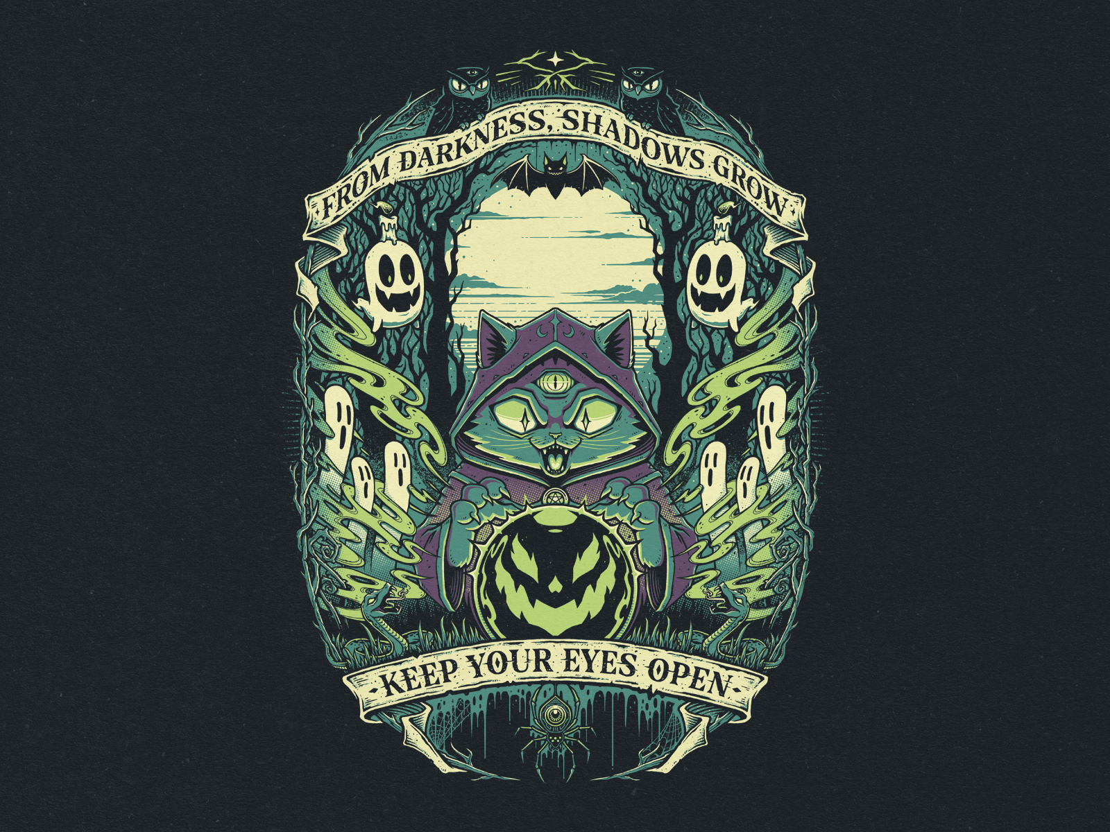 Meowgic Ritual cartoon creepy cute design ghost halloween illustration t shirt tee typography vector