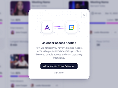 Integration modal access agent agentic ai assistant calendar dashboard design system integration integrations modal product design saas ui ux web app window