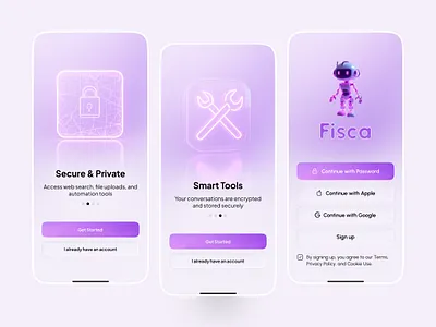 Onboarding, Sign up, Login screen - AI Chatbot App ai app app design application chat chat bot chatbot log in mobile mobile app design onboarding screen sign up splash screen