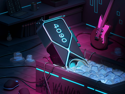 Cyber-bath for the 4090 3d 3d illustration cgi cooling cyberpunk digital art gaming gpu graphics card hardware ice bath lighting neon nvidia overclocking product shot render rtx 4090 stylized tech