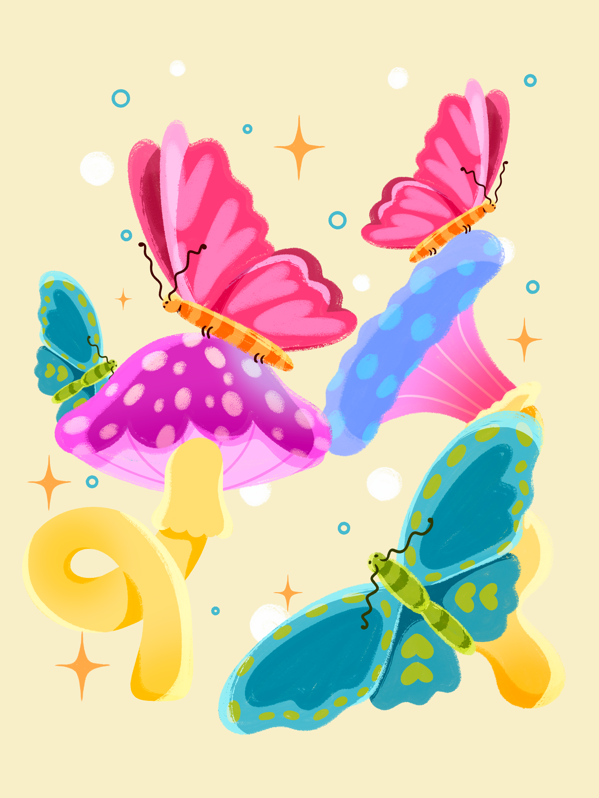 Butterflies and mushrooms 2d 2d illustration animal illustration butterflies butterfly illustration character design commercial illustration freelance artist freelance illustrator fun art handdrawn illustration mushroom art mushroom illustration mushroom illustration art nature illustration photoshop illustration plant illustration procreate illustration