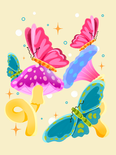 Butterflies and mushrooms 2d 2d illustration animal illustration butterflies butterfly illustration character design commercial illustration freelance artist freelance illustrator fun art handdrawn illustration mushroom art mushroom illustration mushroom illustration art nature illustration photoshop illustration plant illustration procreate illustration