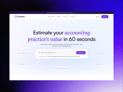 Confetti: Designing a Marketplace to Buy & Sell Businesses ai ai powered business valuation app branding business business valuation business valuation software buy and sell businesses online dashboard design entrepreneurs marketplace navigation online business listings online business valuation tool saas startup marketplace ui ux website design