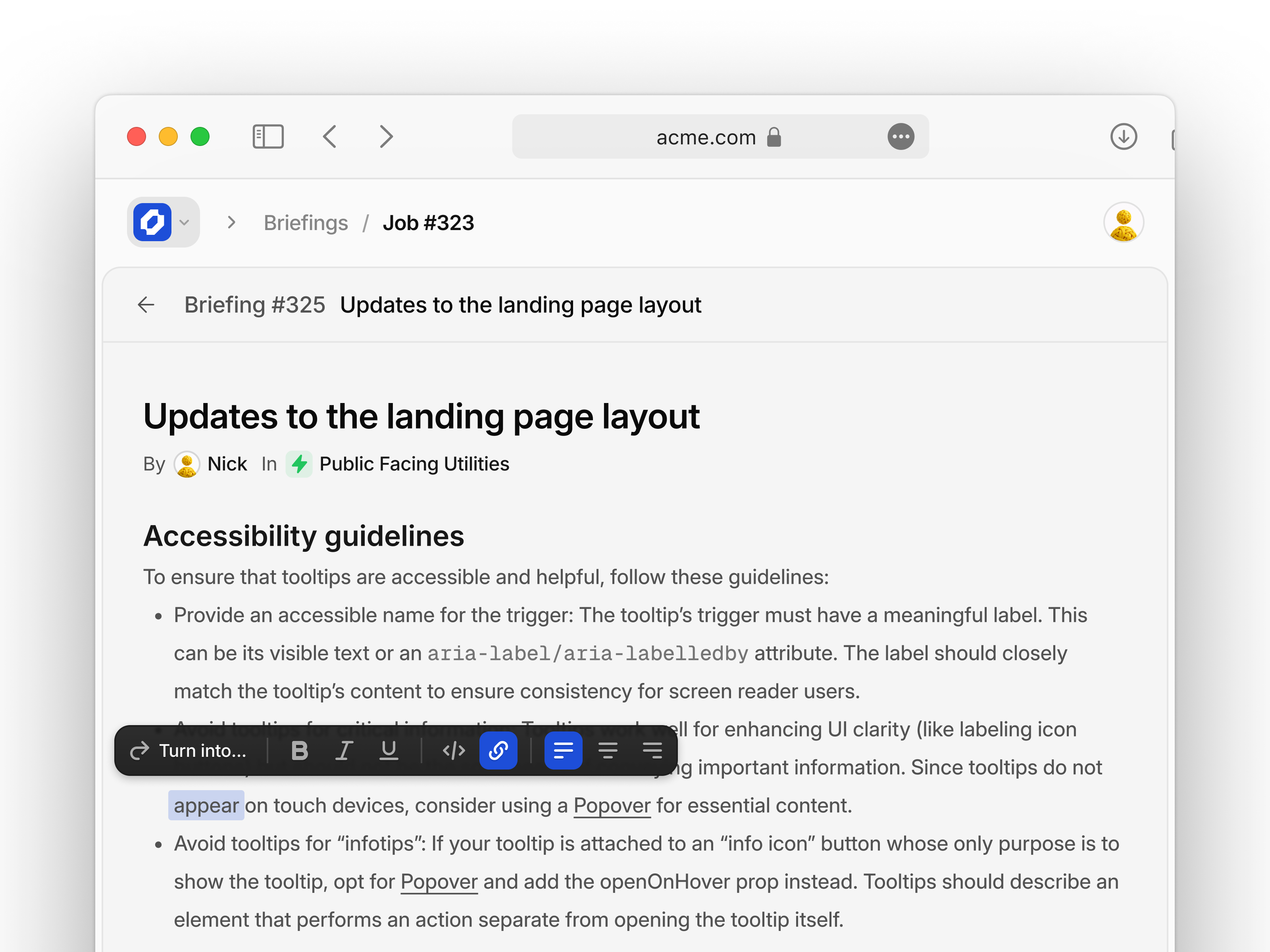 Example of markdown editor popover