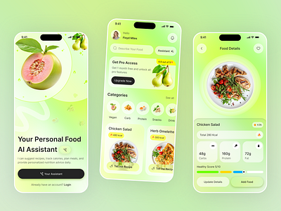 AI Food Calorie Tracker App ai assistant app design calorie camera cooking app diet fitness food app food calorie health log in minimal mobile onboarding restaurant app sign up tracking uiux weight lifting weight loss