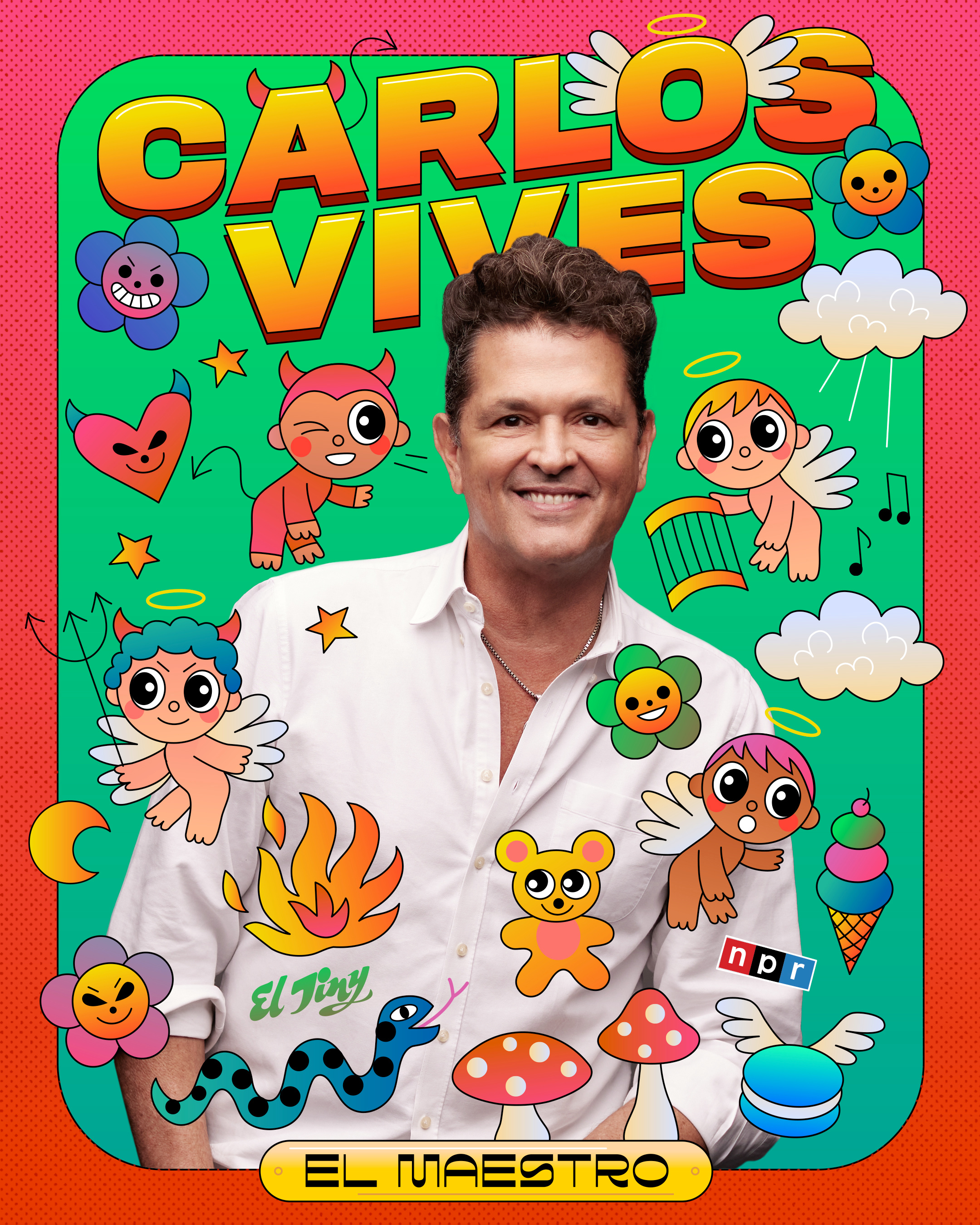 Carlos Vives angel clouds collage devil doodles fire heaven hell media mixed npr teenage tiny desk vector